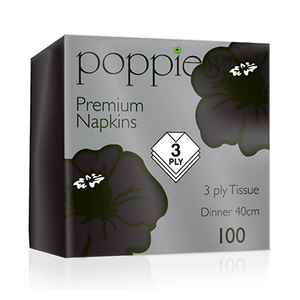 POPPIES BLACK 3PLY NAPKINS (40CM) 4FOLD - 16 PACKS - 2000 PIECES